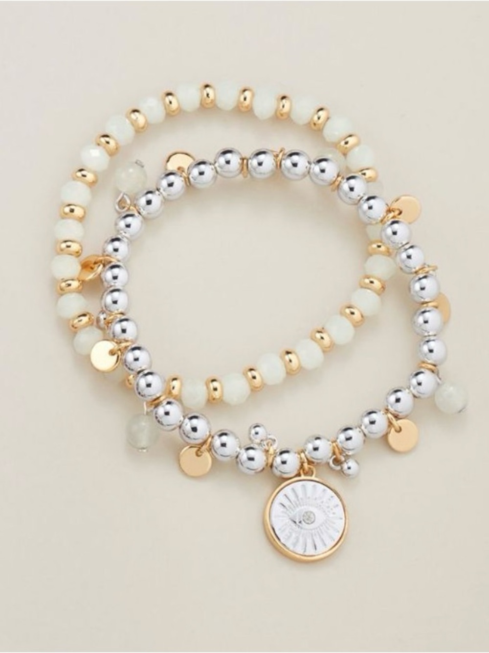 Del Mar Charm Two-Tone  Beaded Stretch Bracelet Set with Cream Accents